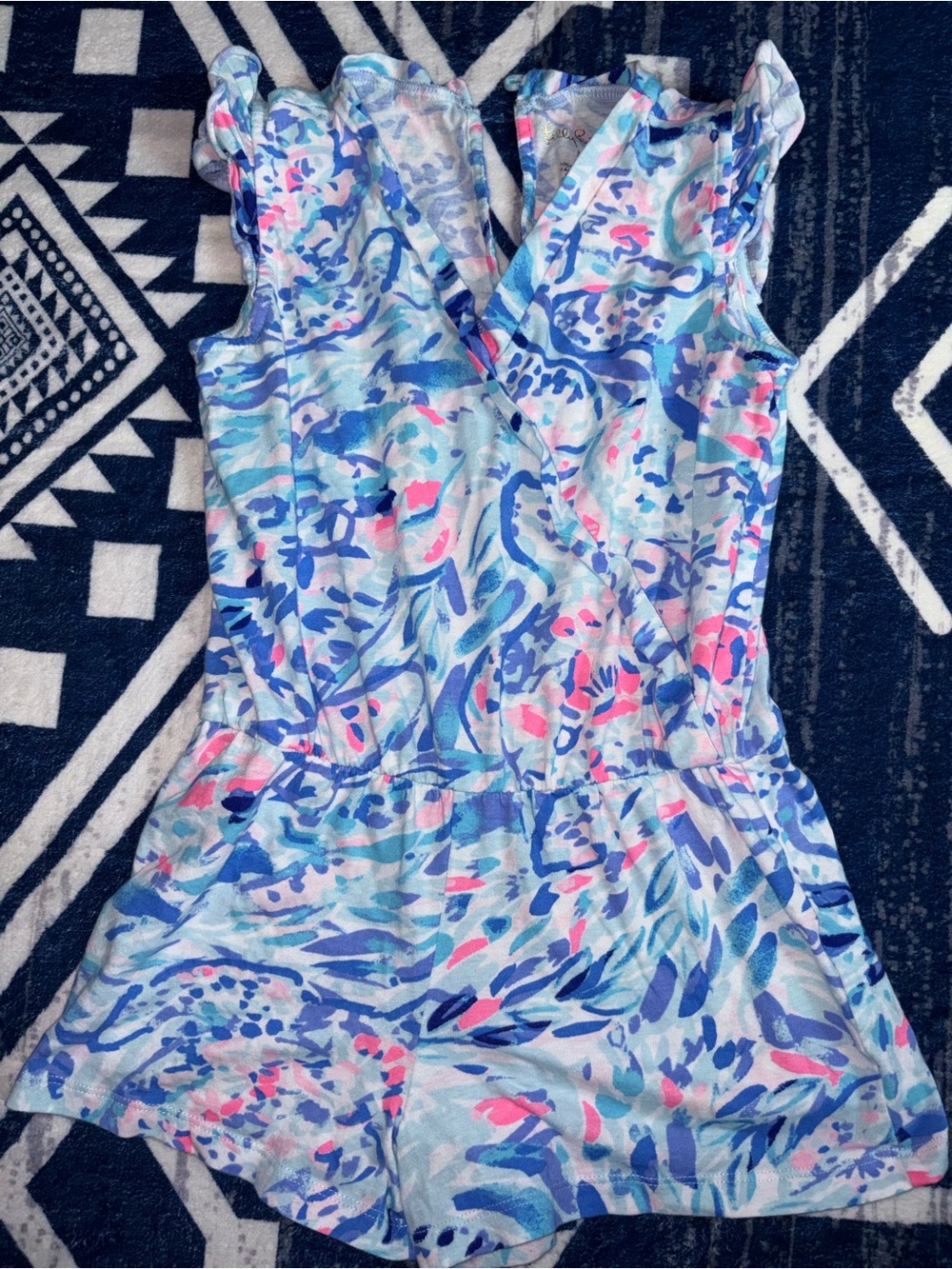 Lilly Pulitzer Girls' Romee Sleeveless Romper “Breakwater Tint Party Wave”